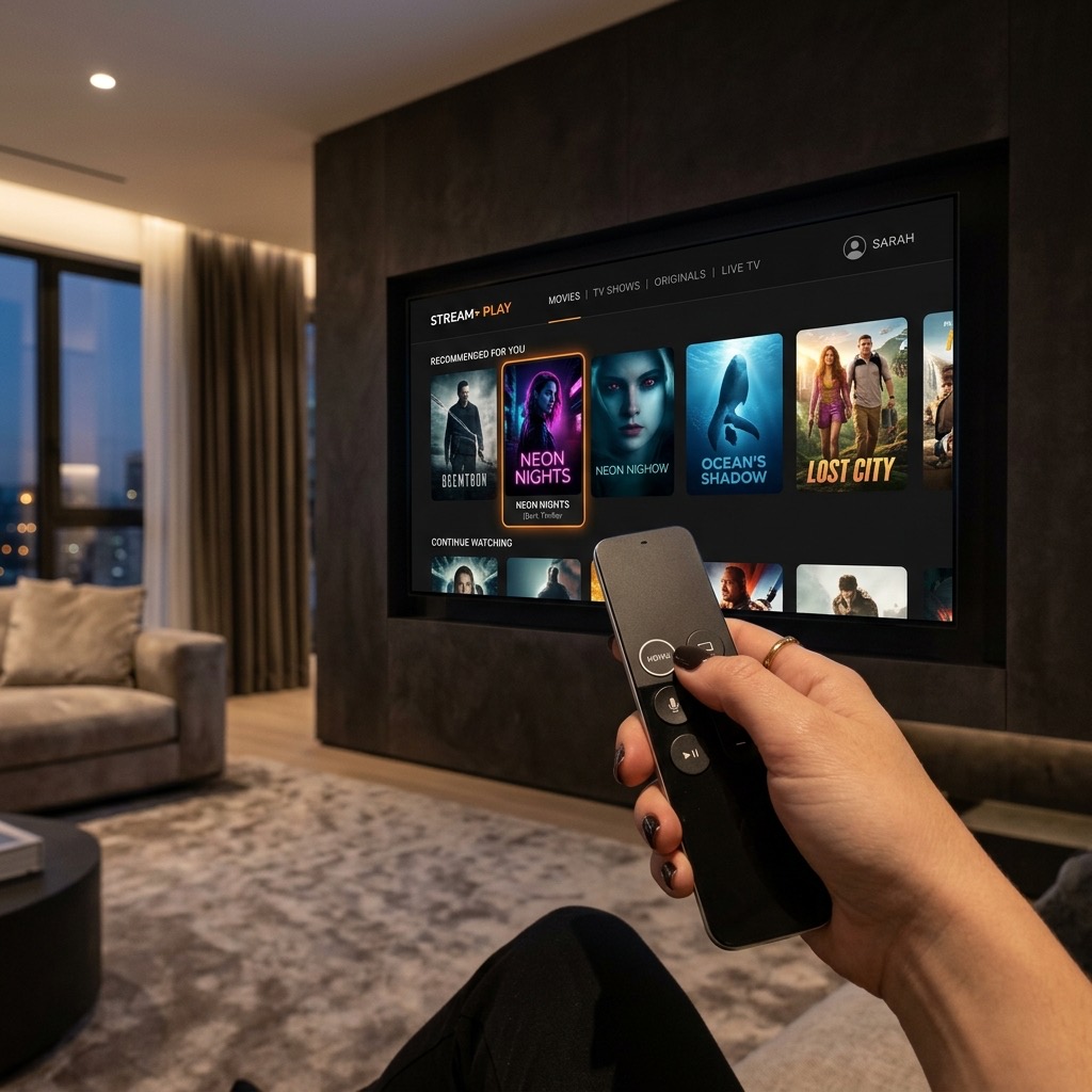 Navigering i den bästa iptv appen på en modern Smart TV med premium fjärrkontroll