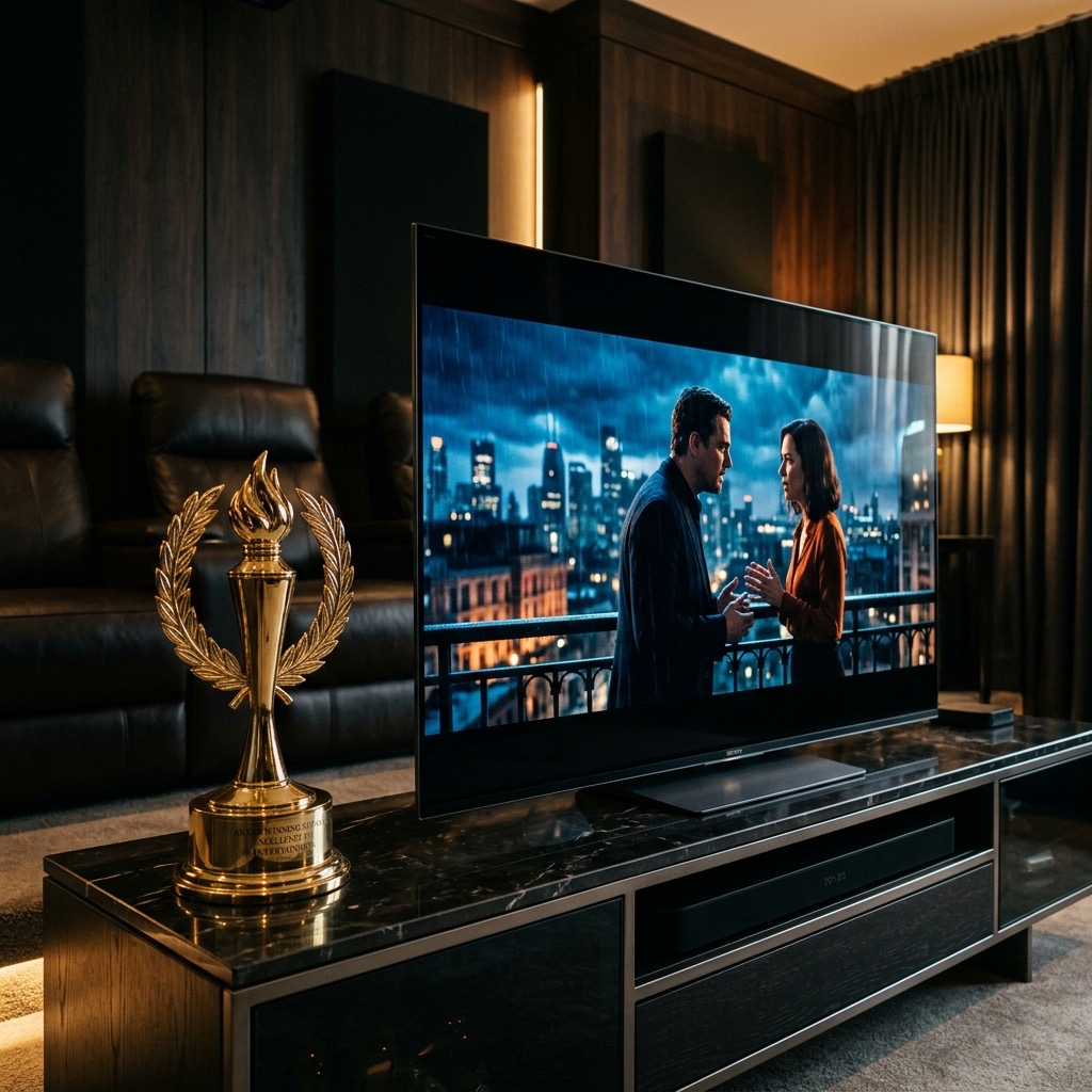 En guldtrofé framför en snygg TV, som illustrerar vinnaren av bästa iptv 2026
