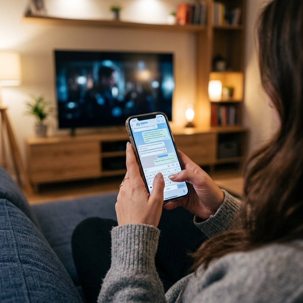 Närbild av en mobiltelefon med en WhatsApp chatt öppen, vilket representerar att kontakta iptv support