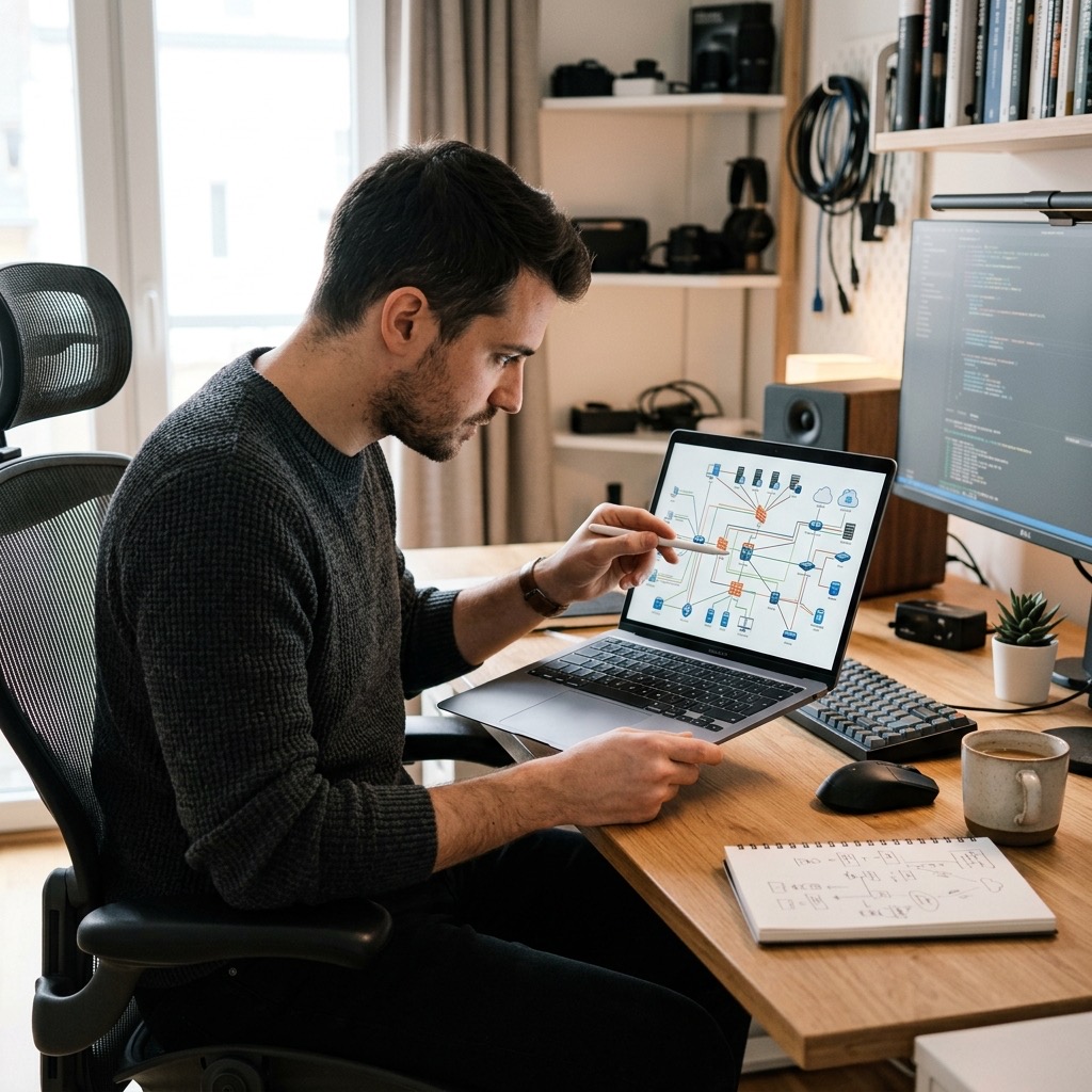 Person som analyserar ett nätverk på en laptop, relaterat till vår iptv ansvarsfriskrivning