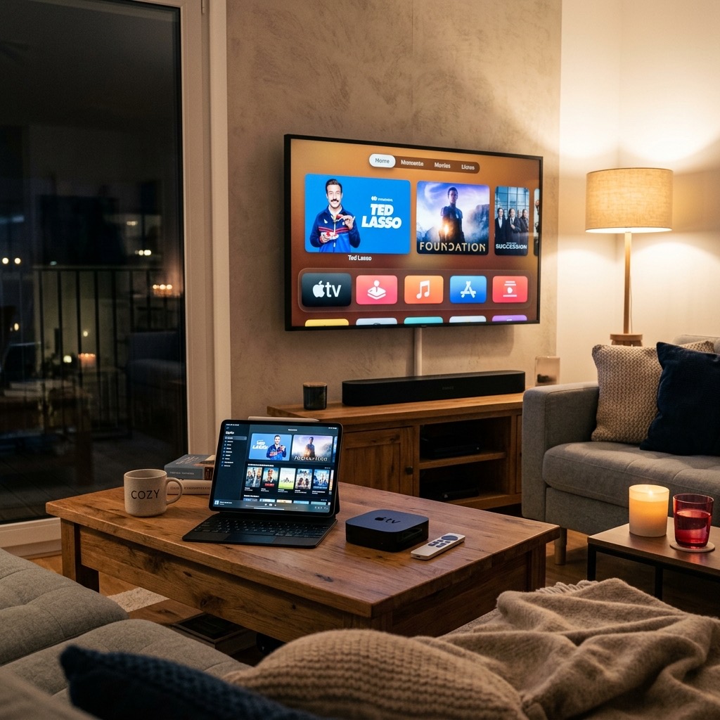 Flera iptv enheter inklusive Smart TV, Apple TV och en surfplatta för streaming