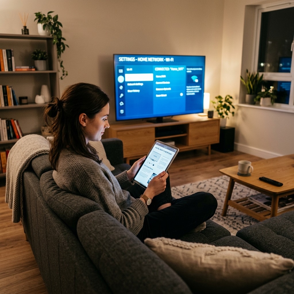 Person som lär sig hur fungerar iptv via en installationsguide på en surfplatta framför en TV