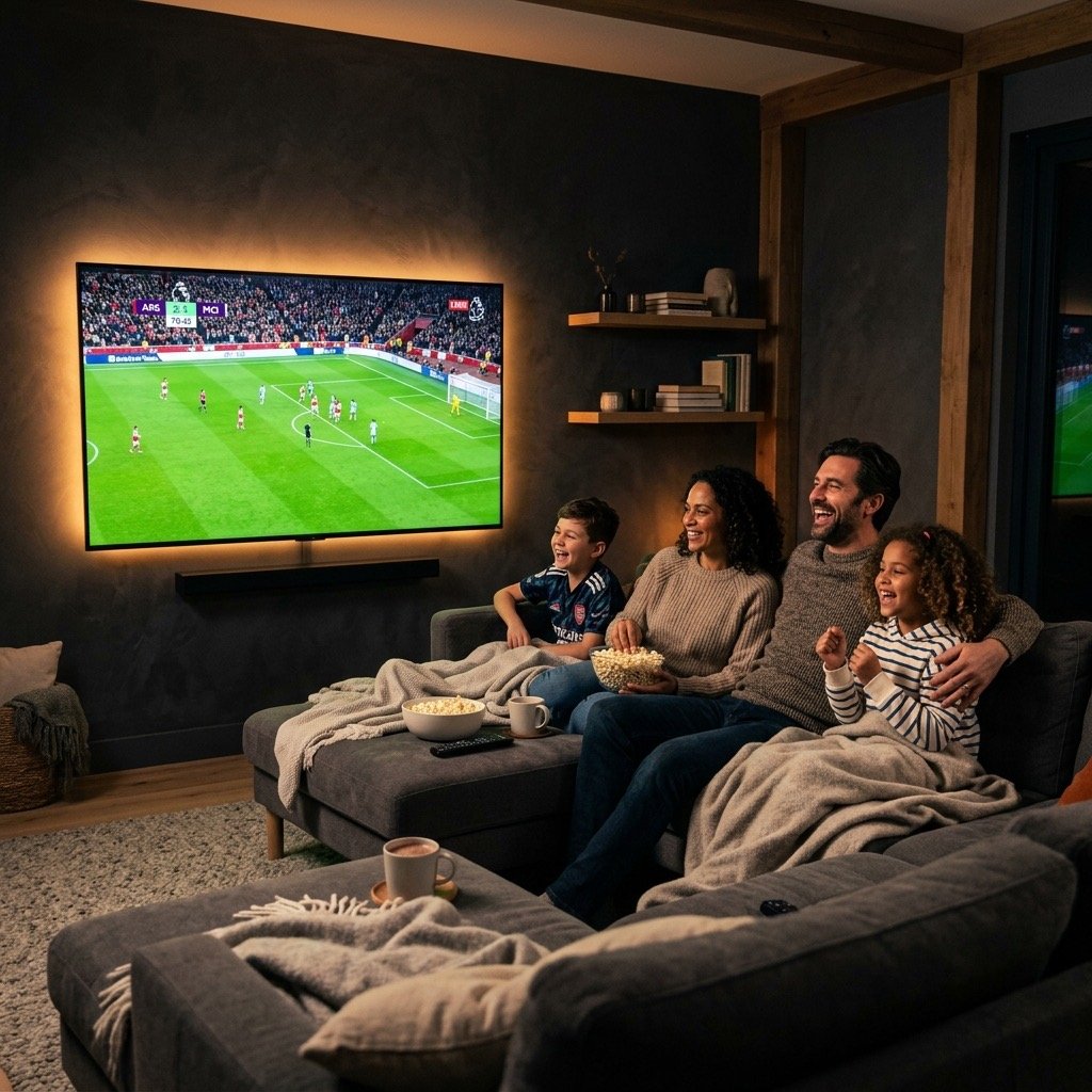 Familj som kollar på fotboll via nordisk IPTV