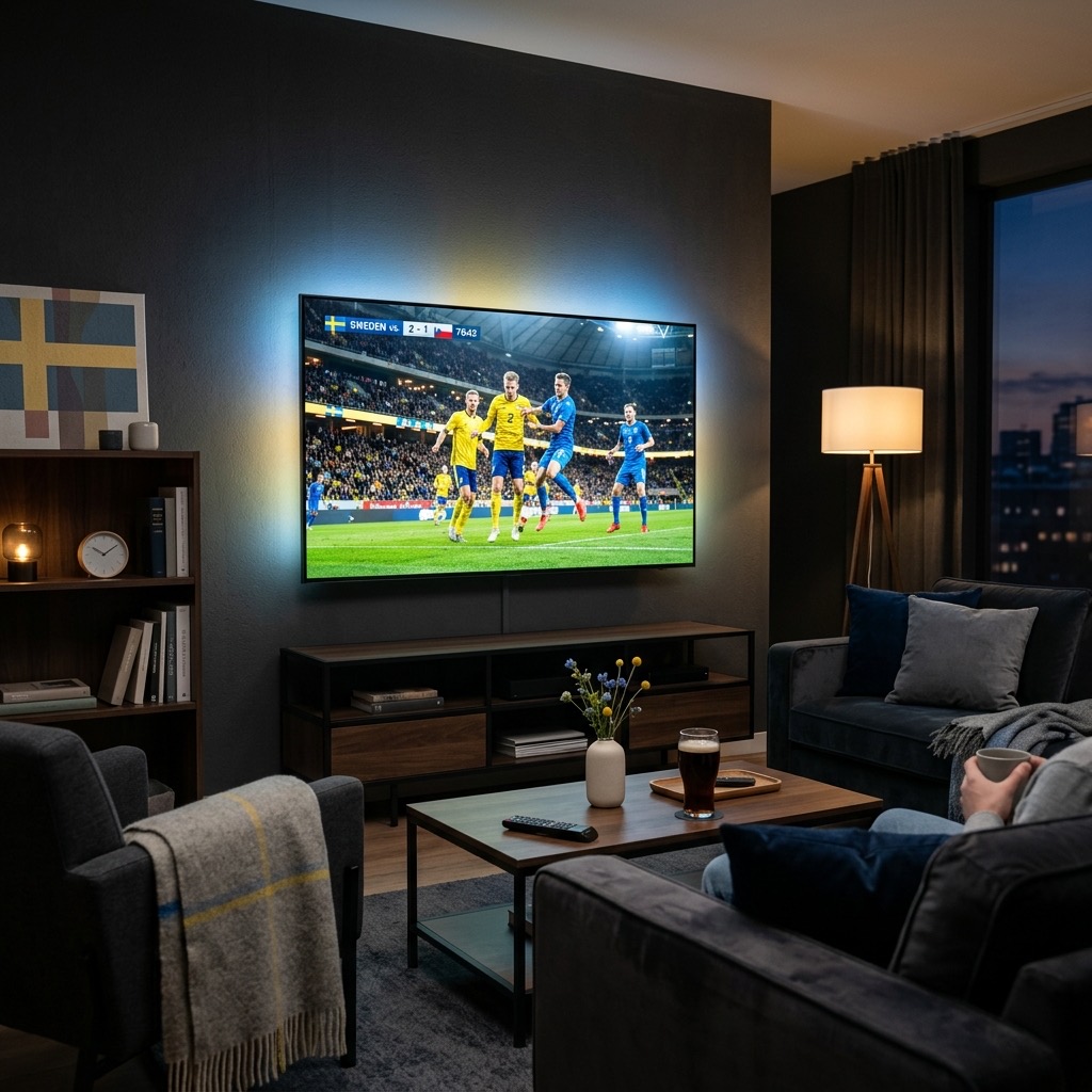 Modern TV som visar en fotbollsmatch i Sverige, med premiumkänsla, som representerar iptv sverige