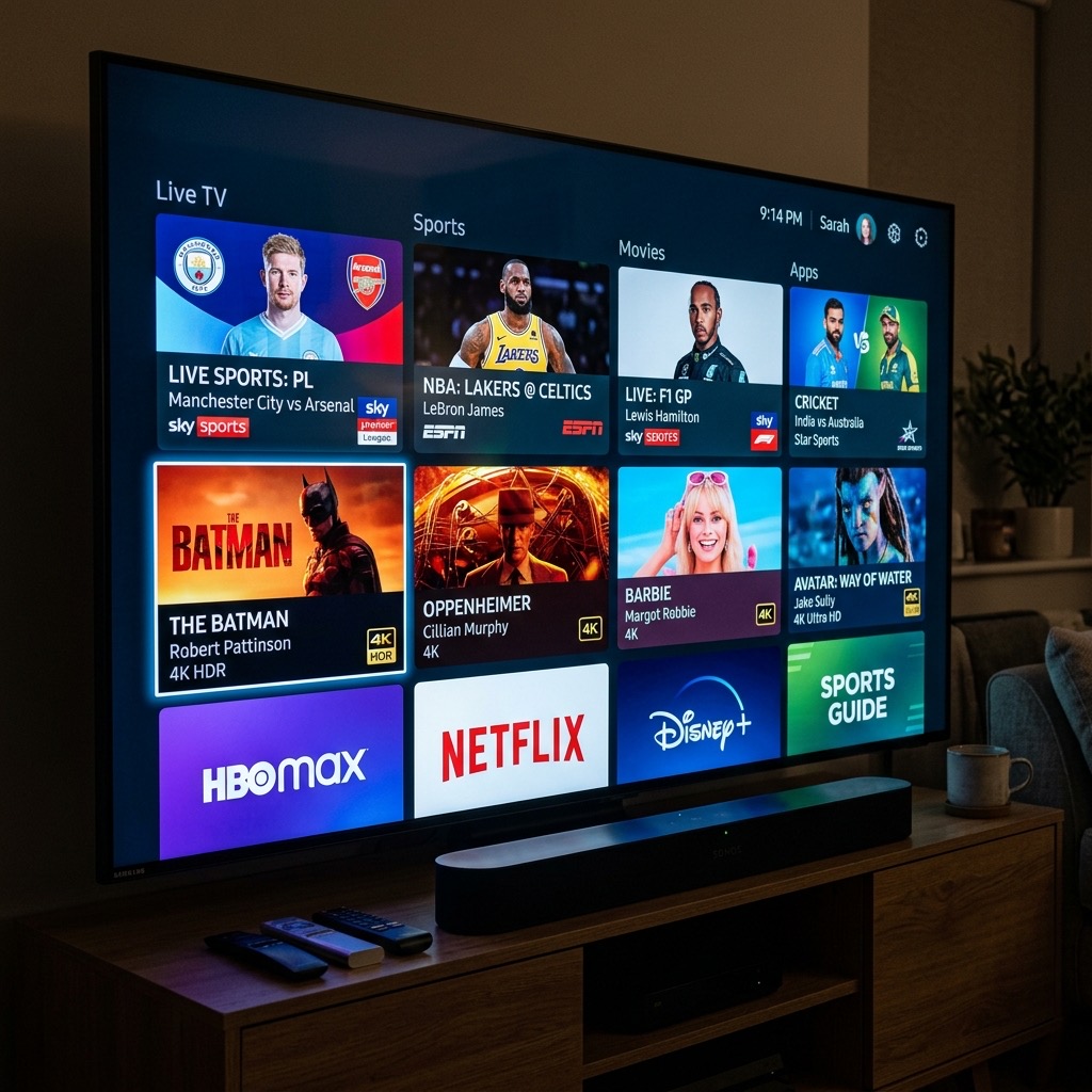 Ett enormt utbud av iptv kanaler på en modern Smart TV i ett mörkt vardagsrum