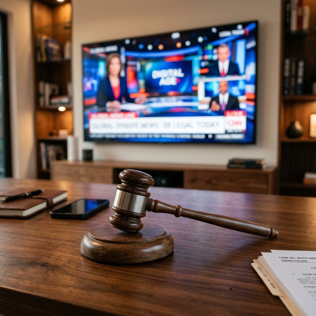 Juridisk klubba på ett träbord framför en blurrad TV-nyhetssändning, vilket diskuterar är iptv lagligt