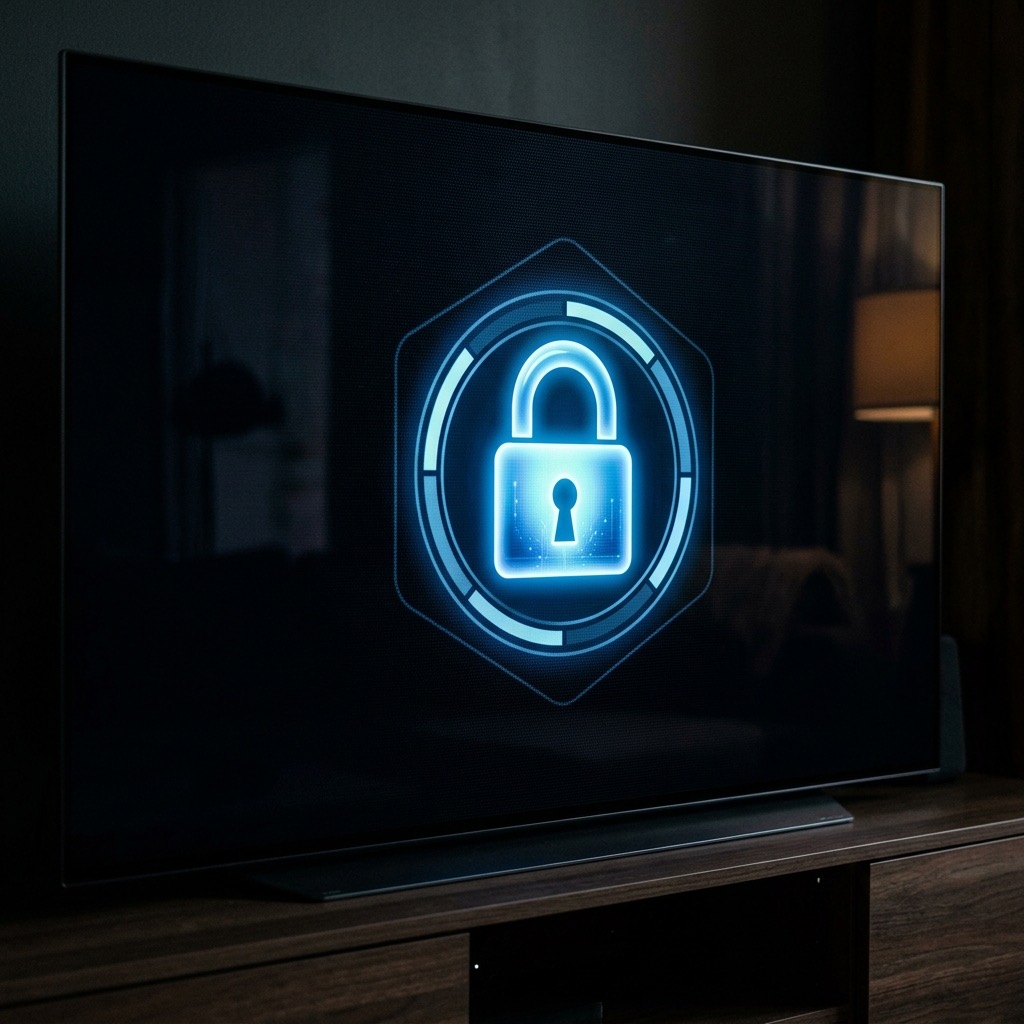 Digitalt hänglås på Smart TV som representerar säkerhet i vår iptv integritetspolicy